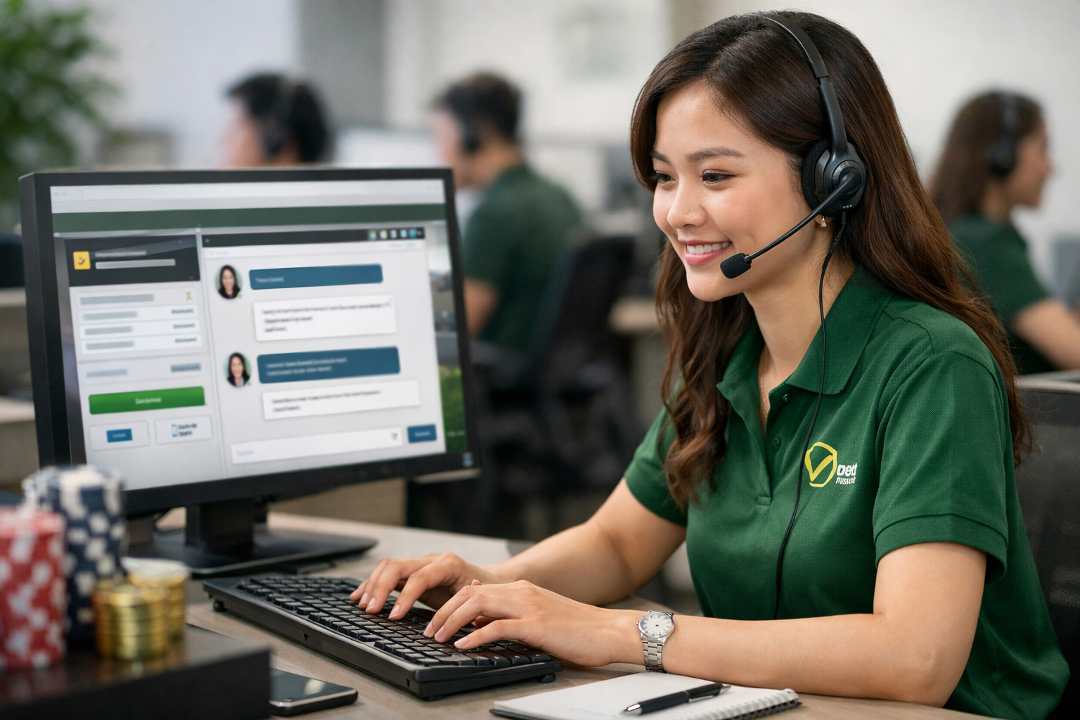 Nhân viên chăm sóc khách hàng v9bet đang hỗ trợ giải quyết lỗi nạp tiền qua kênh chat trực tuyến