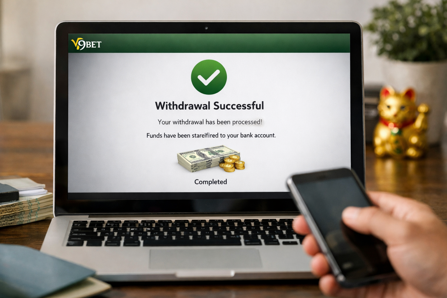 Hướng dẫn rút tiền V9BET nhanh chóng và an toàn nhất 2026 3 Màn hình xác nhận lệnh rút tiền thành công tại nhà cái V9BET