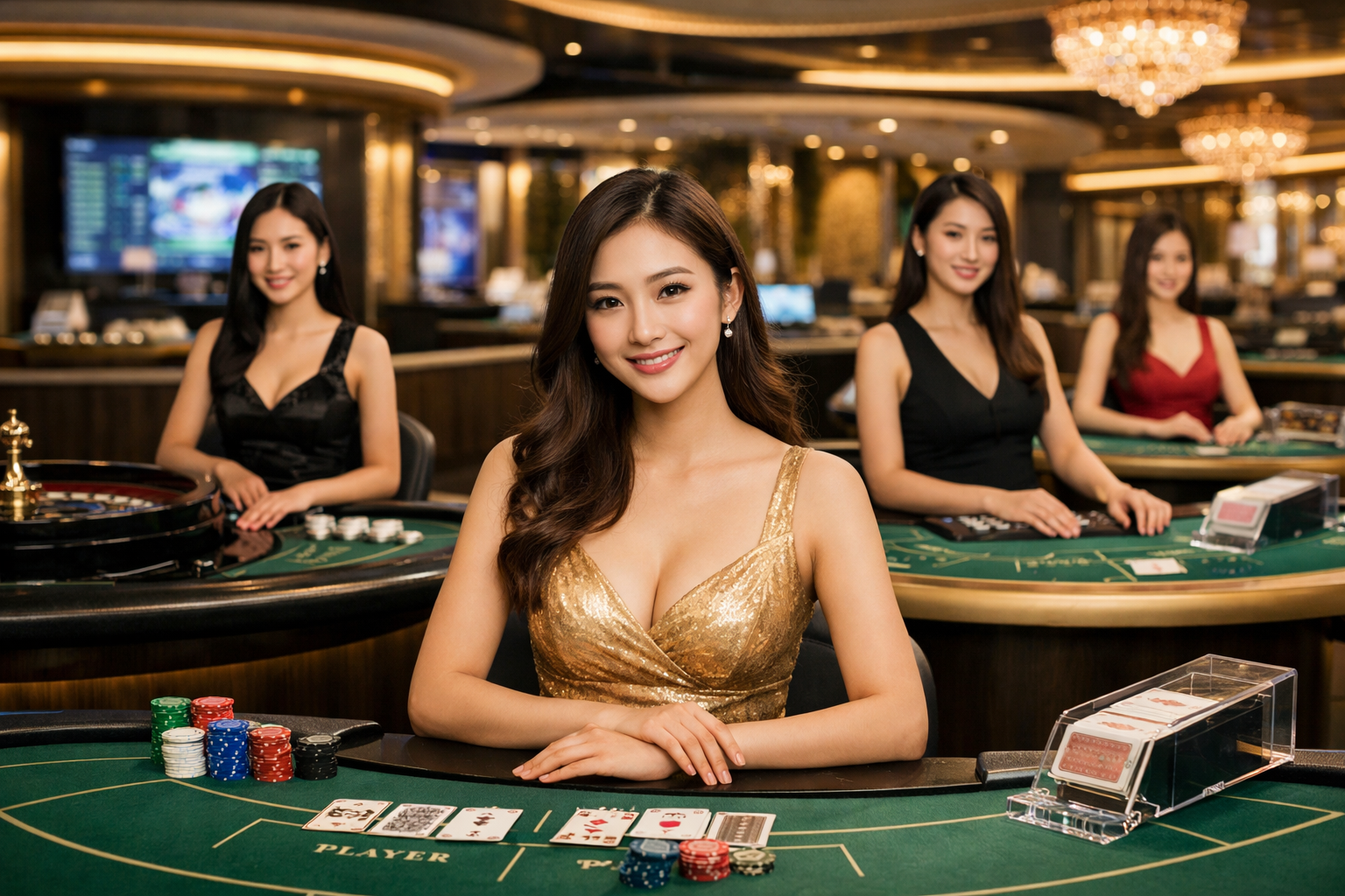 Giao diện sảnh game bài v9bet với các nữ Dealer xinh đẹp và bàn chơi hiện đại